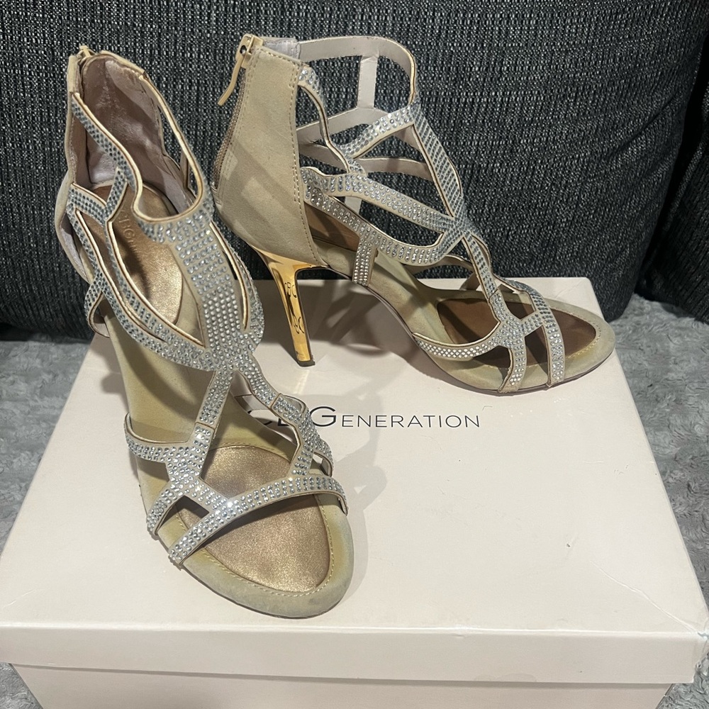 BCBGeneration Nude and Gold Metallic Strappy Heels